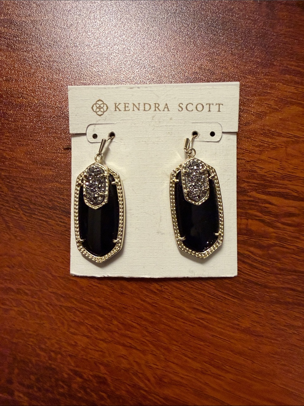 NWT Rare Retired Kendra Scott Emmy Gold Black Agate Platinum Drusy Drop Earrings